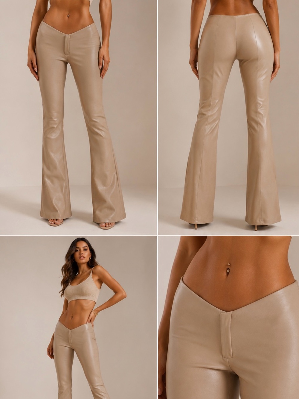 Womens Beige Faux Leather Flare Pants
